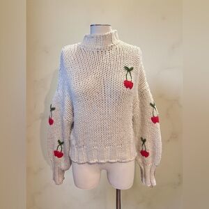 Forever 21 Cream Chunky Knit Cherry Embroidered Sweater